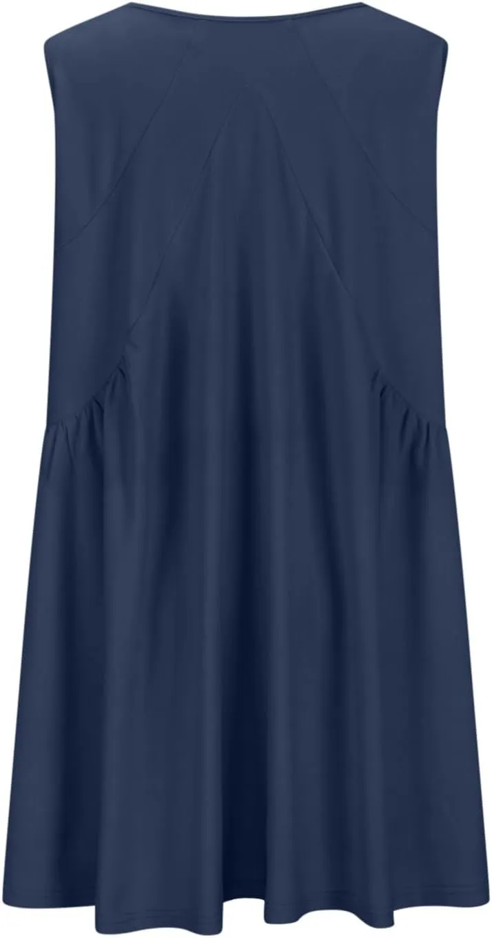 ZDRZK Sundresses for Women Summer Casual Sleeveless Babydoll Cute Dresses Pleated Loose V-Neck Flwoy Swing Beach Dress