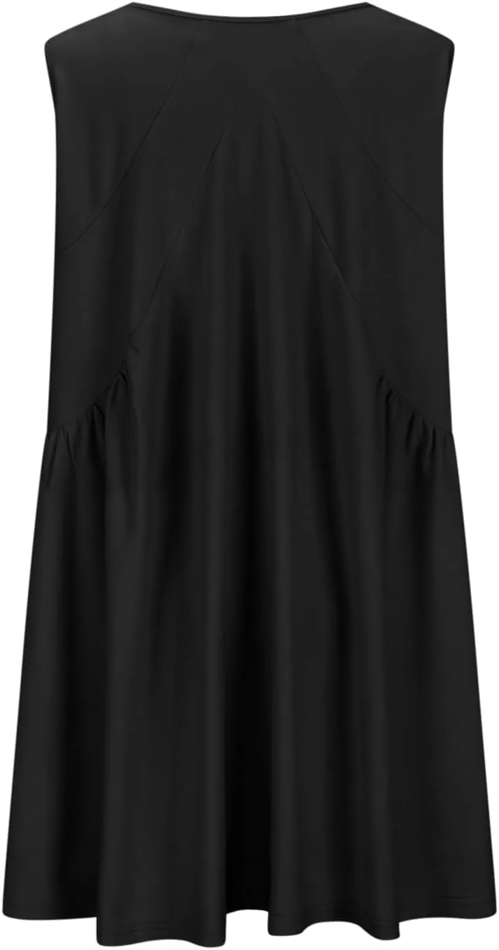ZDRZK Sundresses for Women Summer Casual Sleeveless Babydoll Cute Dresses Pleated Loose V-Neck Flwoy Swing Beach Dress