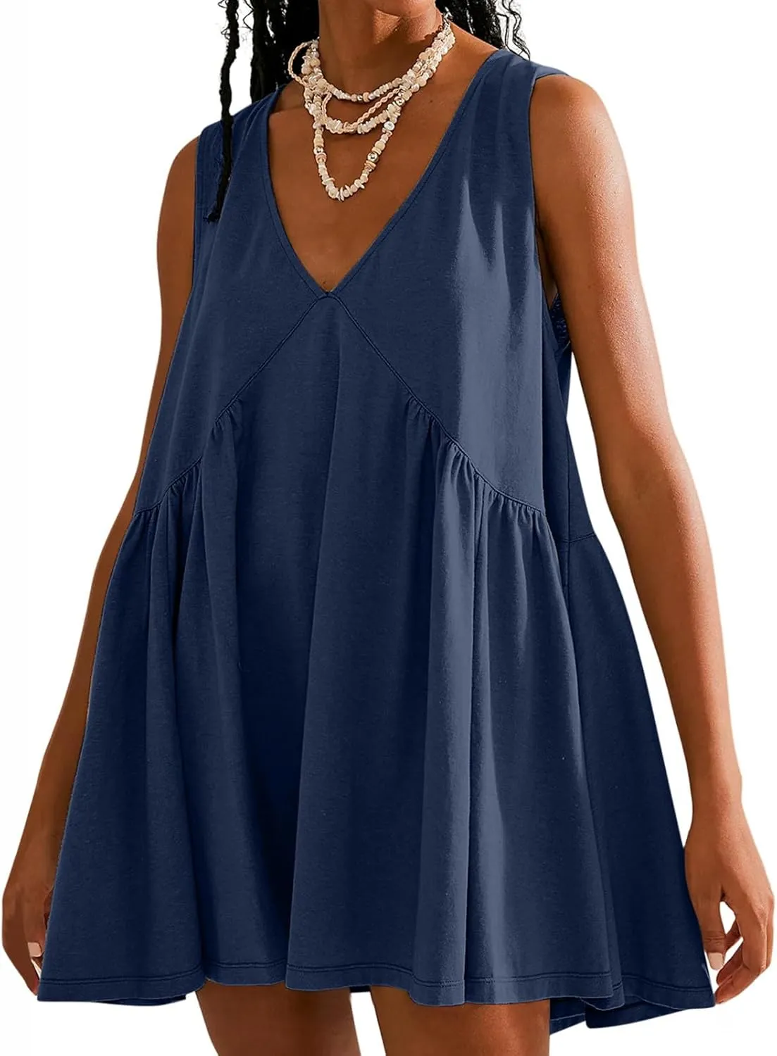 ZDRZK Sundresses for Women Summer Casual Sleeveless Babydoll Cute Dresses Pleated Loose V-Neck Flwoy Swing Beach Dress