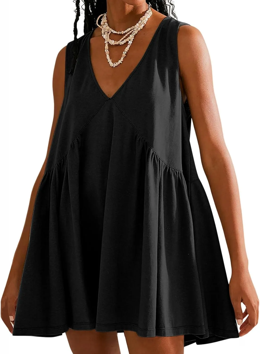 ZDRZK Sundresses for Women Summer Casual Sleeveless Babydoll Cute Dresses Pleated Loose V-Neck Flwoy Swing Beach Dress