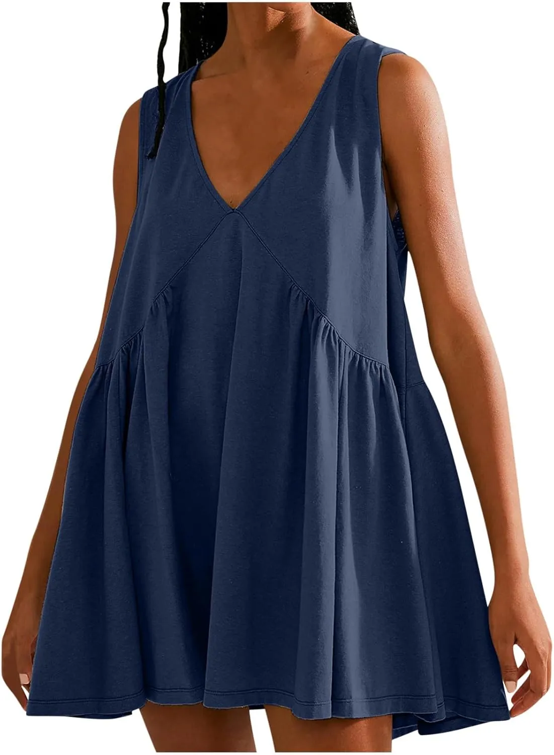 ZDRZK Sundresses for Women Summer Casual Sleeveless Babydoll Cute Dresses Pleated Loose V-Neck Flwoy Swing Beach Dress