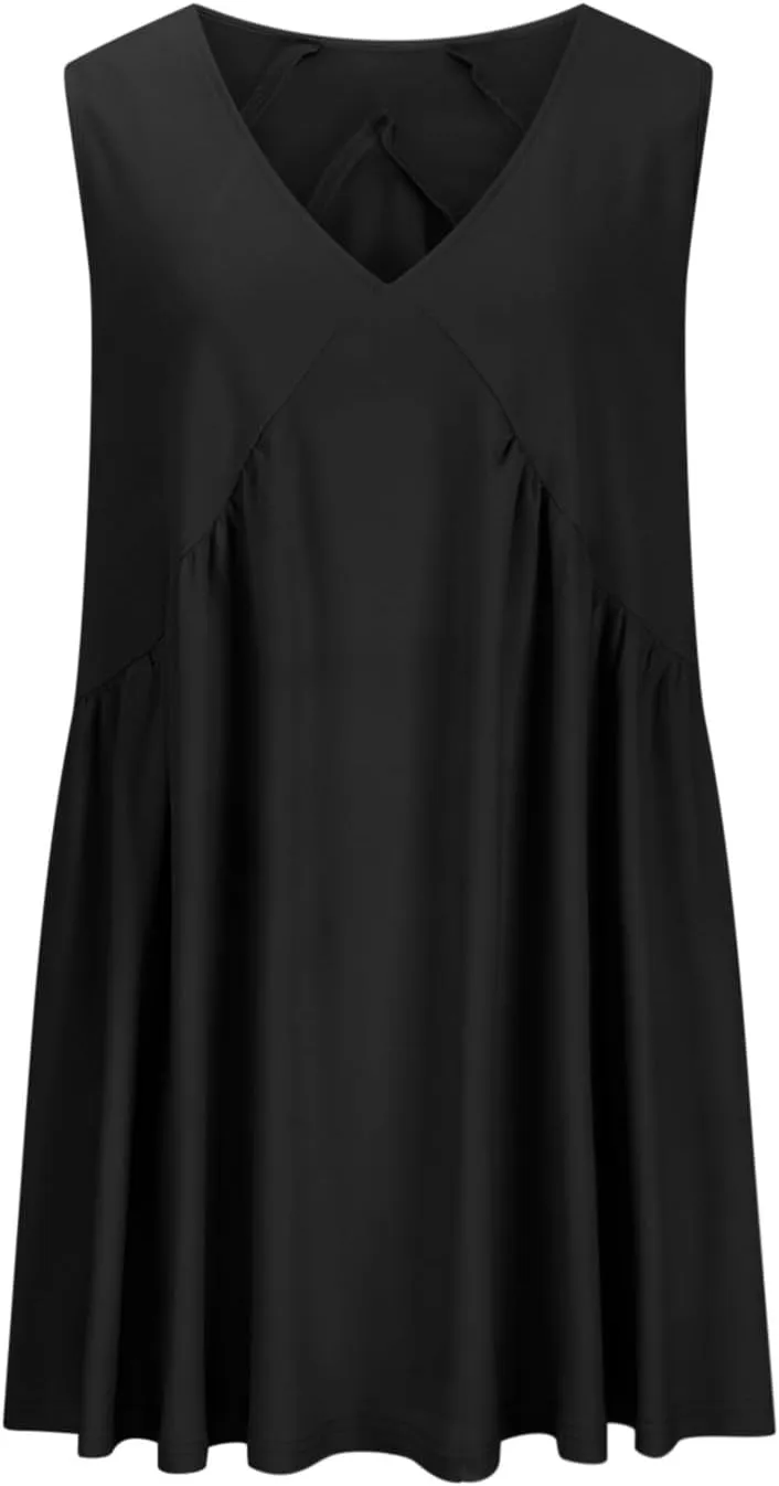 ZDRZK Sundresses for Women Summer Casual Sleeveless Babydoll Cute Dresses Pleated Loose V-Neck Flwoy Swing Beach Dress