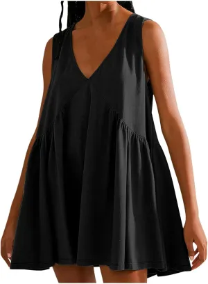 ZDRZK Sundresses for Women Summer Casual Sleeveless Babydoll Cute Dresses Pleated Loose V-Neck Flwoy Swing Beach Dress