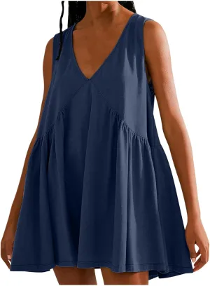 ZDRZK Sundresses for Women Summer Casual Sleeveless Babydoll Cute Dresses Pleated Loose V-Neck Flwoy Swing Beach Dress