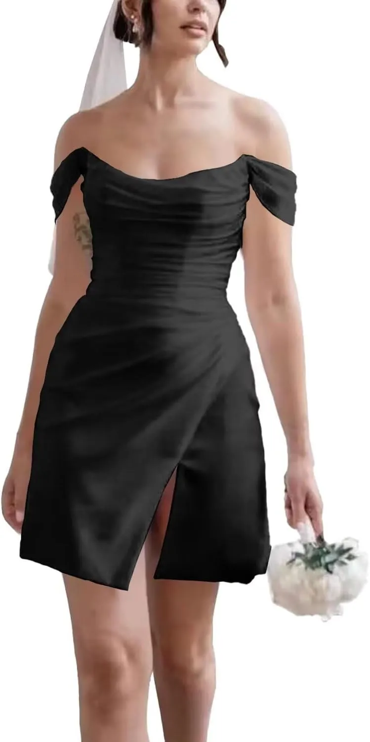 Zepumen Off Shoulder Satin Homecoming Dresses Short Cowl Neck Mini Wedding Dress Simple Slim Formal Party Dress