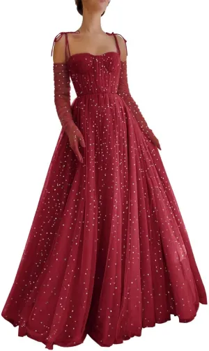 Zepumen Sparkly Starry Tulle Prom Dresses for Women Long Sleeves Spaghetti Straps Long Formal Evening Party Gowns