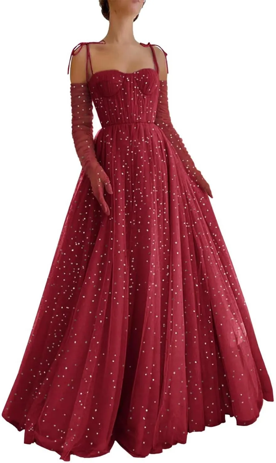 Zepumen Sparkly Starry Tulle Prom Dresses for Women Long Sleeves Spaghetti Straps Long Formal Evening Party Gowns