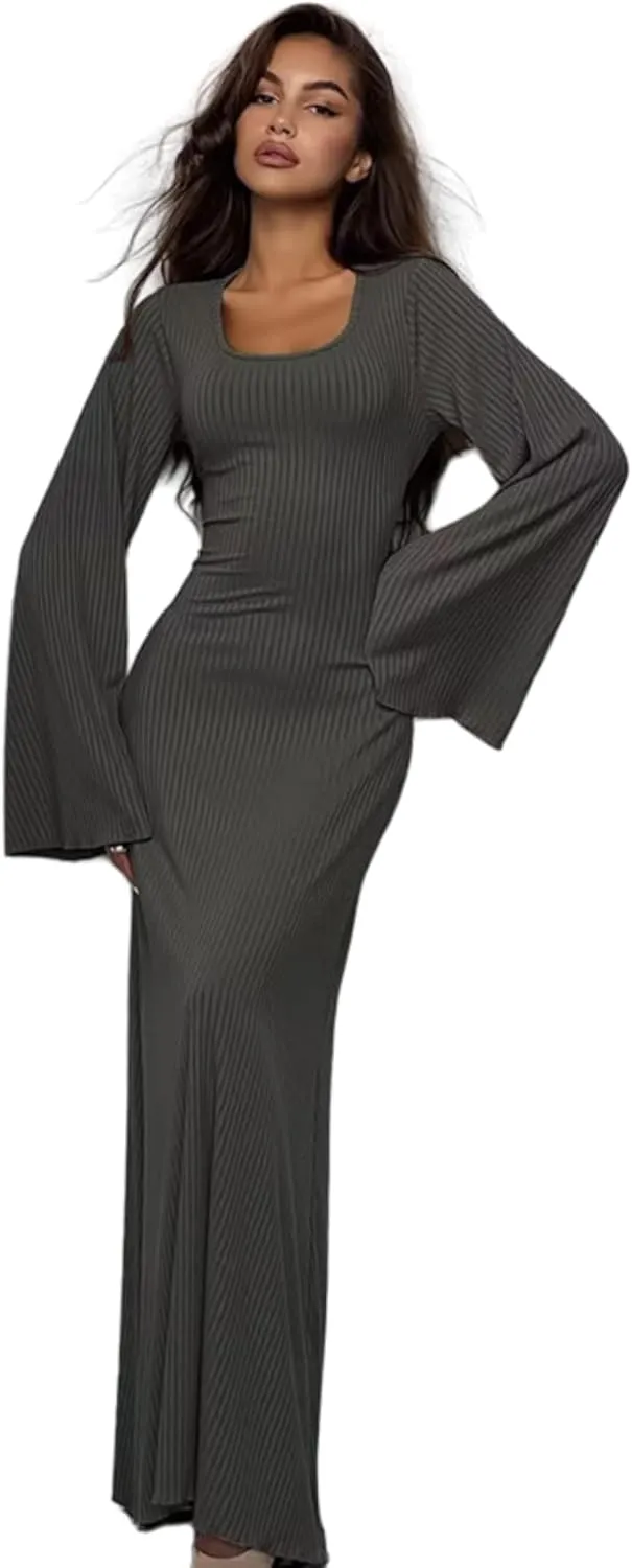 ZGMYC Women's Scoop Neck Lace Up Ribbed Maxi Dress Knit Flare Sleeve Bodycon Dress Loose Casual Long Dresses