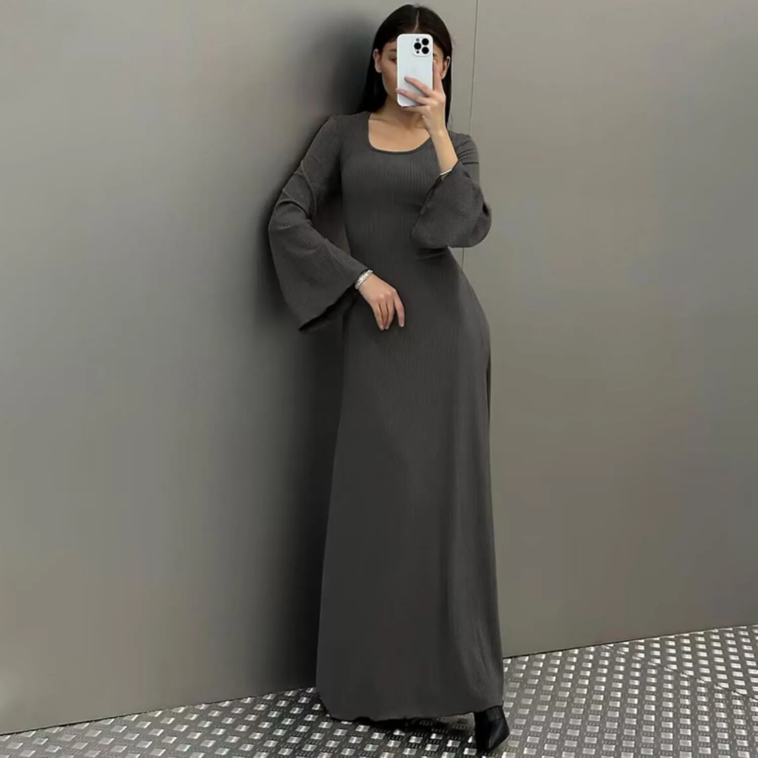 ZGMYC Women's Scoop Neck Lace Up Ribbed Maxi Dress Knit Flare Sleeve Bodycon Dress Loose Casual Long Dresses
