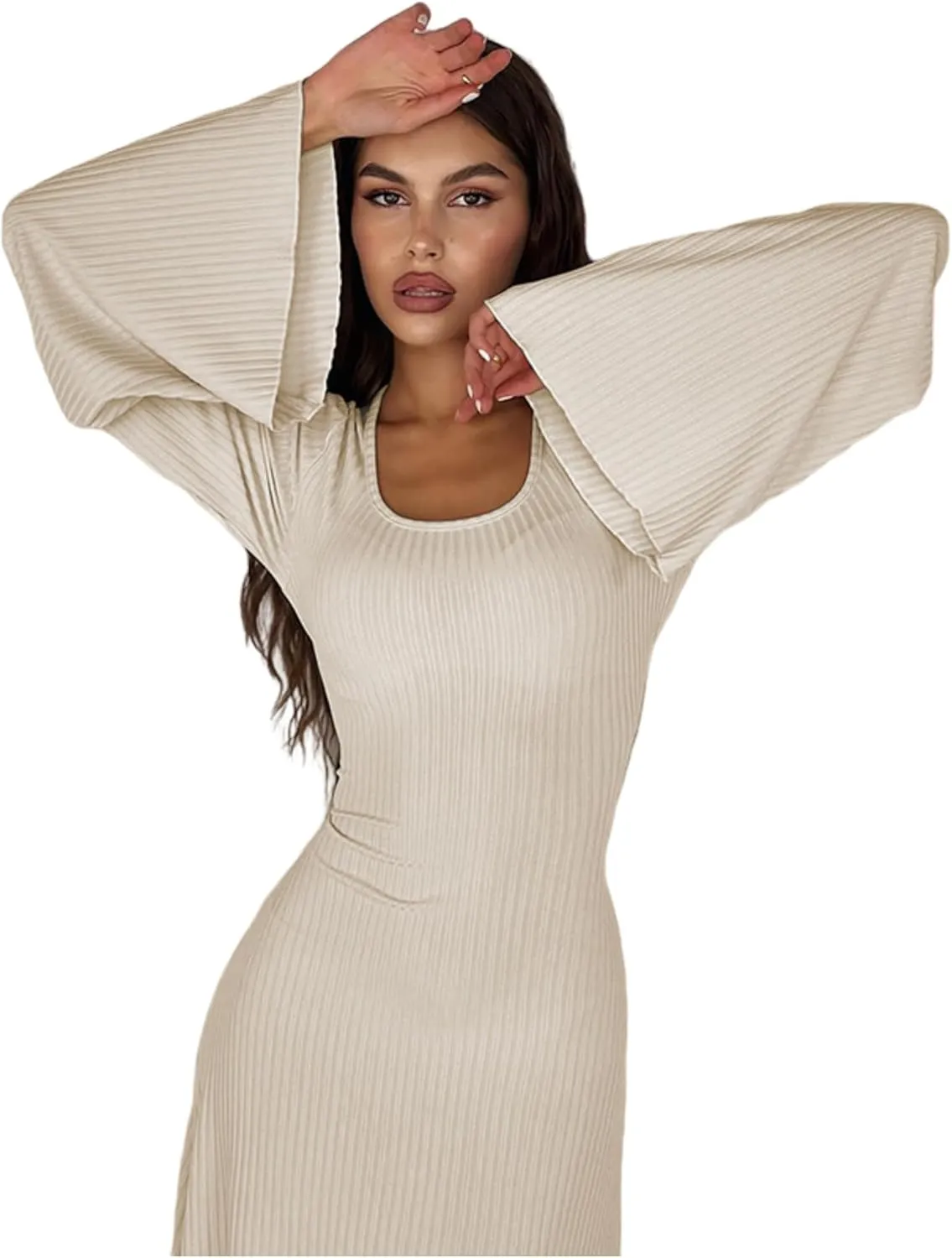 ZGMYC Women's Scoop Neck Lace Up Ribbed Maxi Dress Knit Flare Sleeve Bodycon Dress Loose Casual Long Dresses