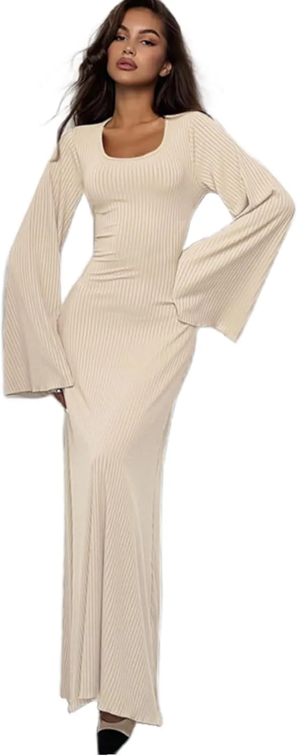 ZGMYC Women's Scoop Neck Lace Up Ribbed Maxi Dress Knit Flare Sleeve Bodycon Dress Loose Casual Long Dresses