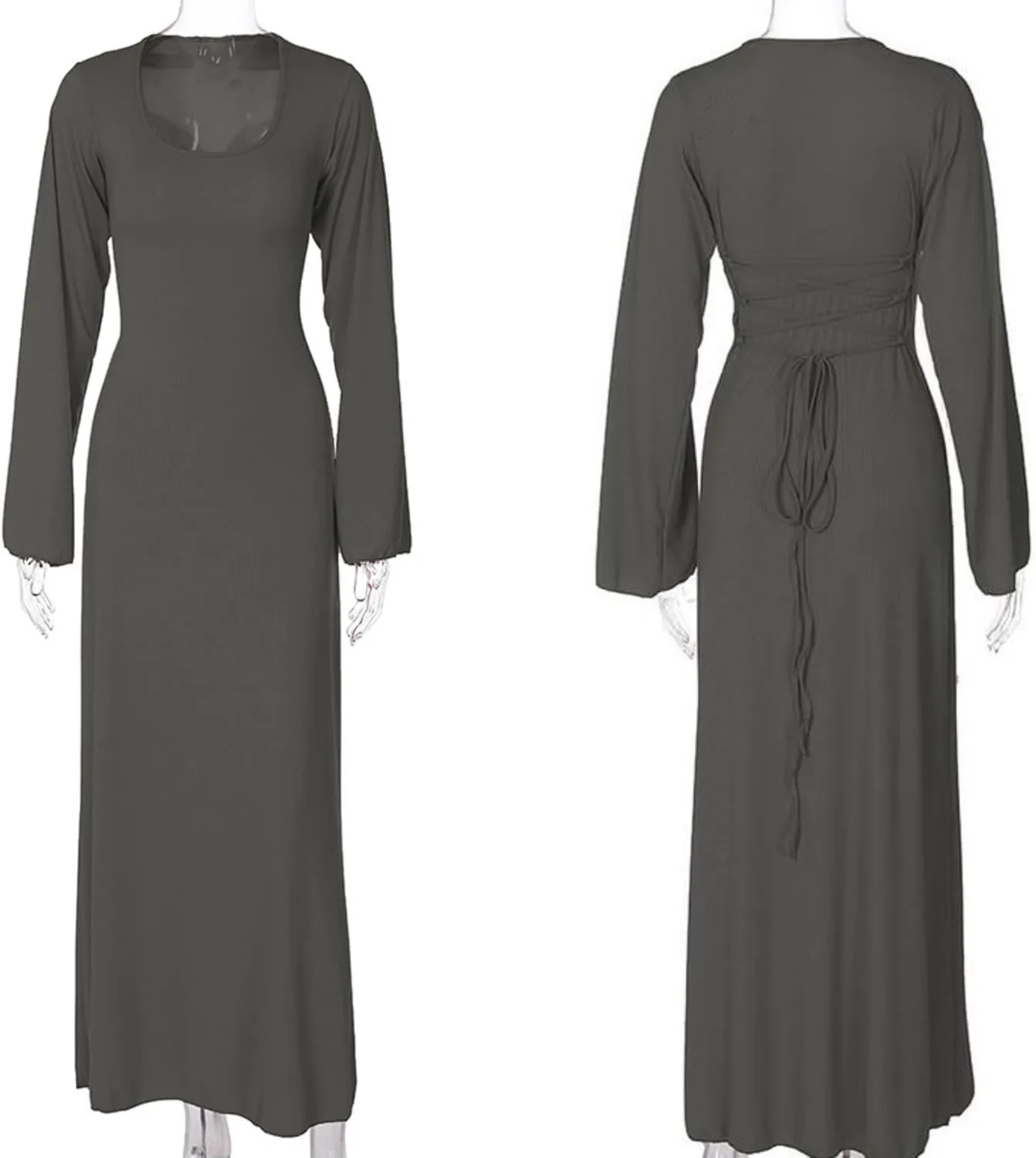 ZGMYC Women's Scoop Neck Lace Up Ribbed Maxi Dress Knit Flare Sleeve Bodycon Dress Loose Casual Long Dresses