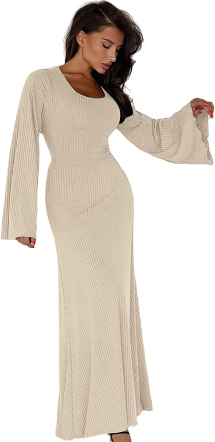 ZGMYC Women's Scoop Neck Lace Up Ribbed Maxi Dress Knit Flare Sleeve Bodycon Dress Loose Casual Long Dresses