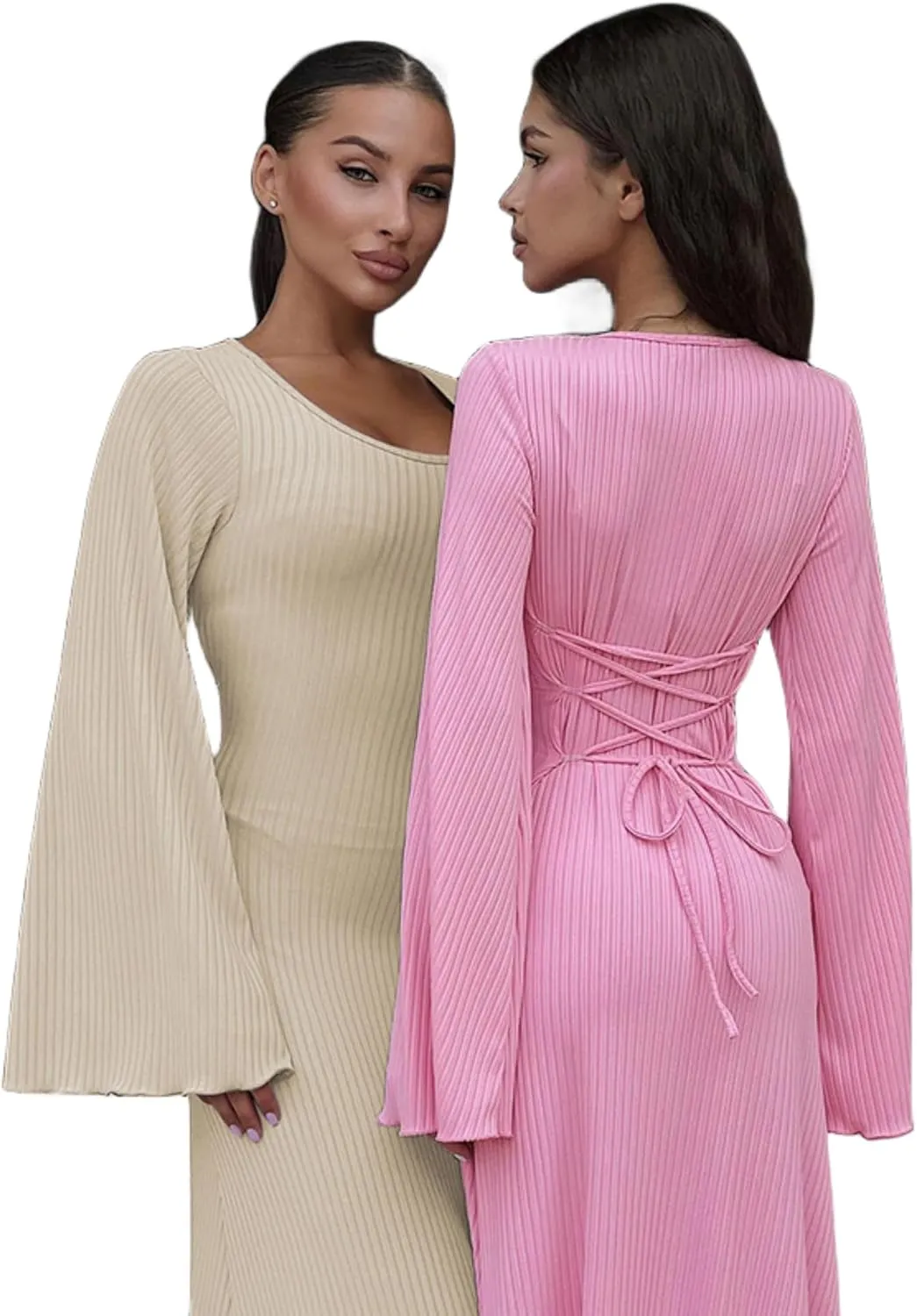 ZGMYC Women's Scoop Neck Lace Up Ribbed Maxi Dress Knit Flare Sleeve Bodycon Dress Loose Casual Long Dresses