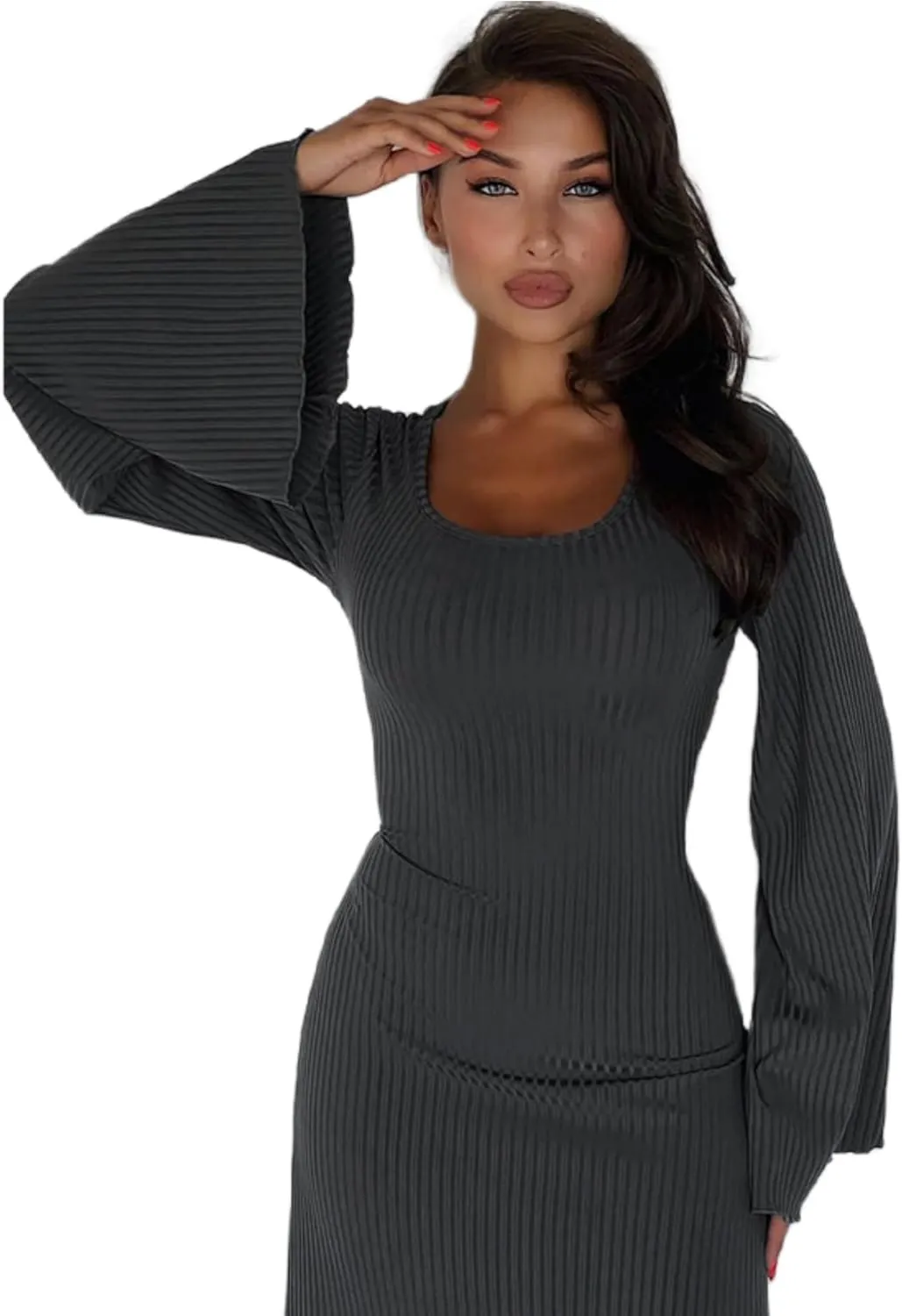 ZGMYC Women's Scoop Neck Lace Up Ribbed Maxi Dress Knit Flare Sleeve Bodycon Dress Loose Casual Long Dresses
