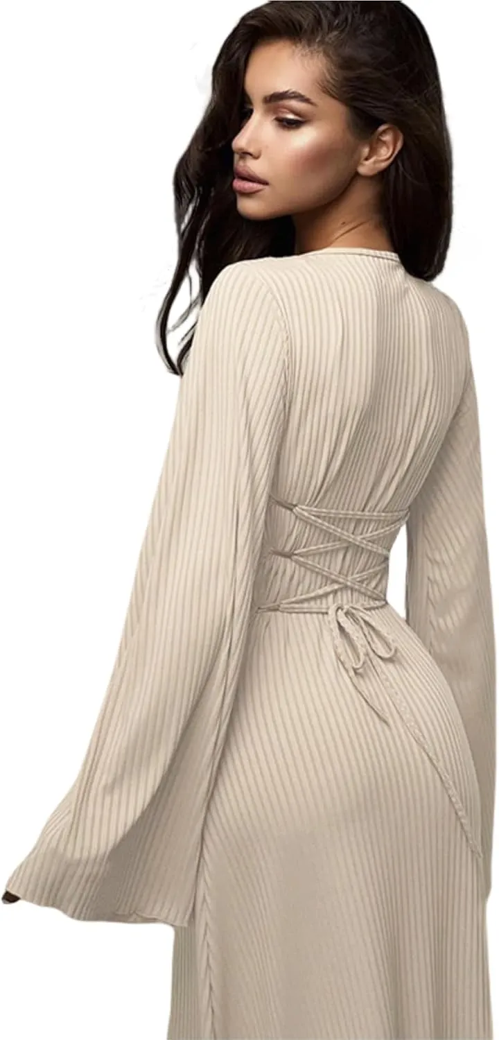 ZGMYC Women's Scoop Neck Lace Up Ribbed Maxi Dress Knit Flare Sleeve Bodycon Dress Loose Casual Long Dresses