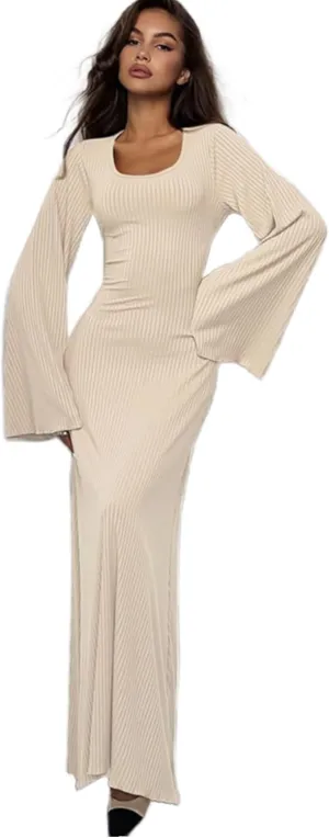 ZGMYC Women's Scoop Neck Lace Up Ribbed Maxi Dress Knit Flare Sleeve Bodycon Dress Loose Casual Long Dresses