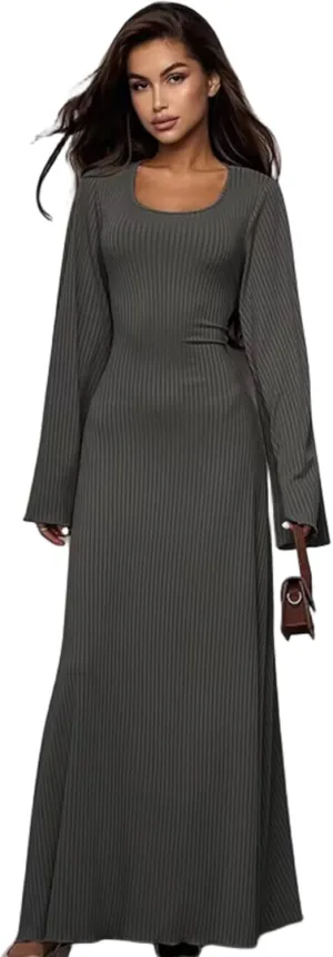 ZGMYC Women's Scoop Neck Lace Up Ribbed Maxi Dress Knit Flare Sleeve Bodycon Dress Loose Casual Long Dresses